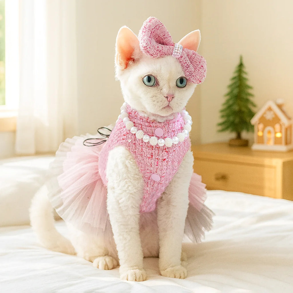 Luxury Pink Cat Dress Coat Set Princess Dog Customes Pet Clothes with Bow Hairpin Bib Jewelry Set