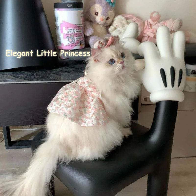 Cute Floral Pink Princess Dresses for Cats Elegant Pet Dress with Embroidered Bow Spring/Summer Cat Clothes