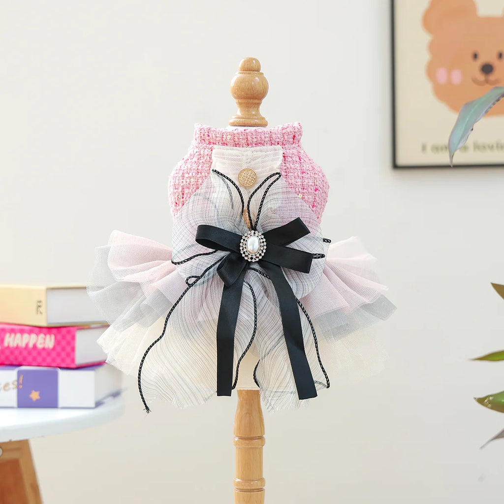 Luxury Pink Cat Dress Coat Set Princess Dog Customes Pet Clothes with Bow Hairpin Bib Jewelry Set