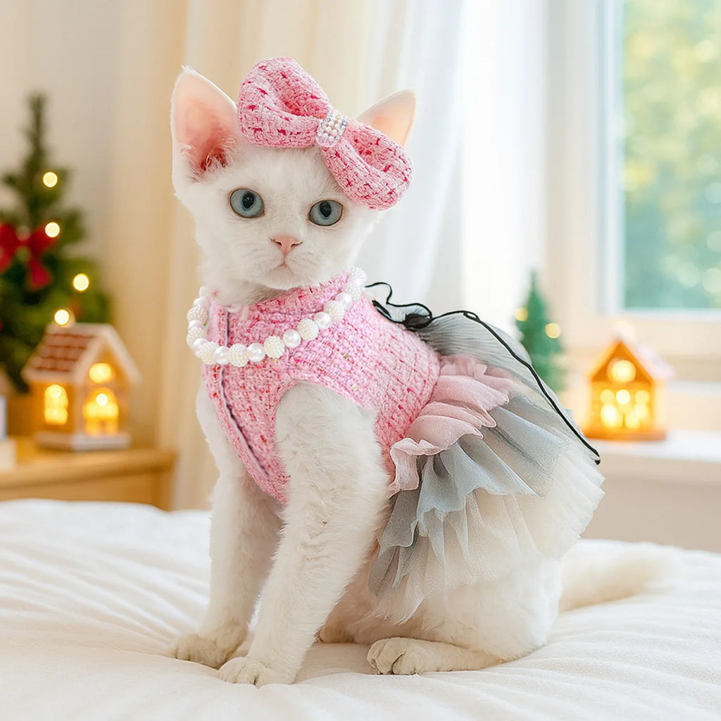 Luxury Pink Cat Dress Coat Set Princess Dog Customes Pet Clothes with Bow Hairpin Bib Jewelry Set