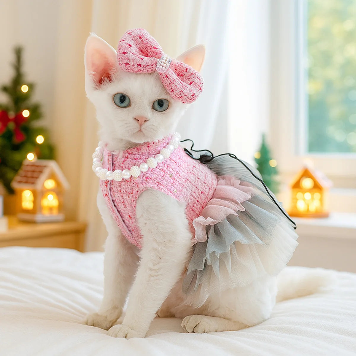 Luxury Pink Cat Dress Coat Set Princess Dog Customes Pet Clothes with Bow Hairpin Bib Jewelry Set