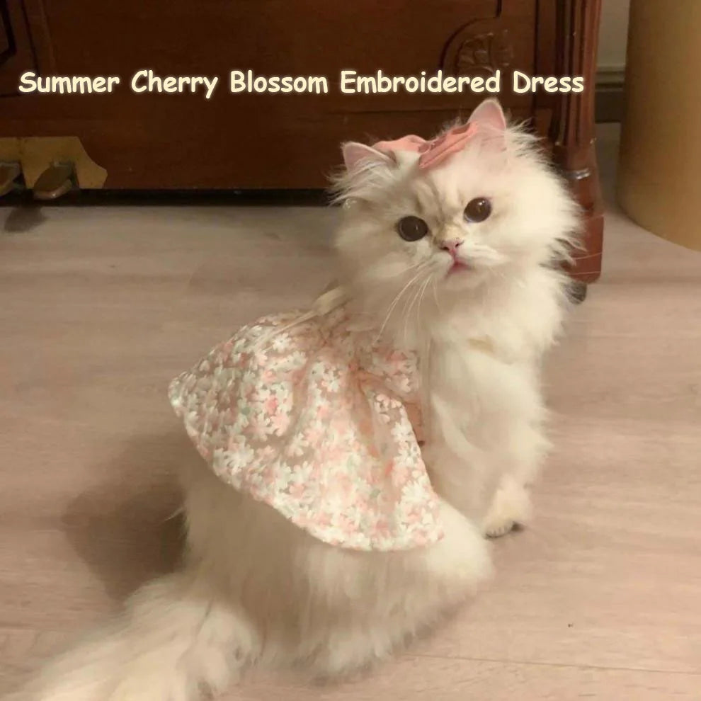 Cute Floral Pink Princess Dresses for Cats Elegant Pet Dress with Embroidered Bow Spring/Summer Cat Clothes